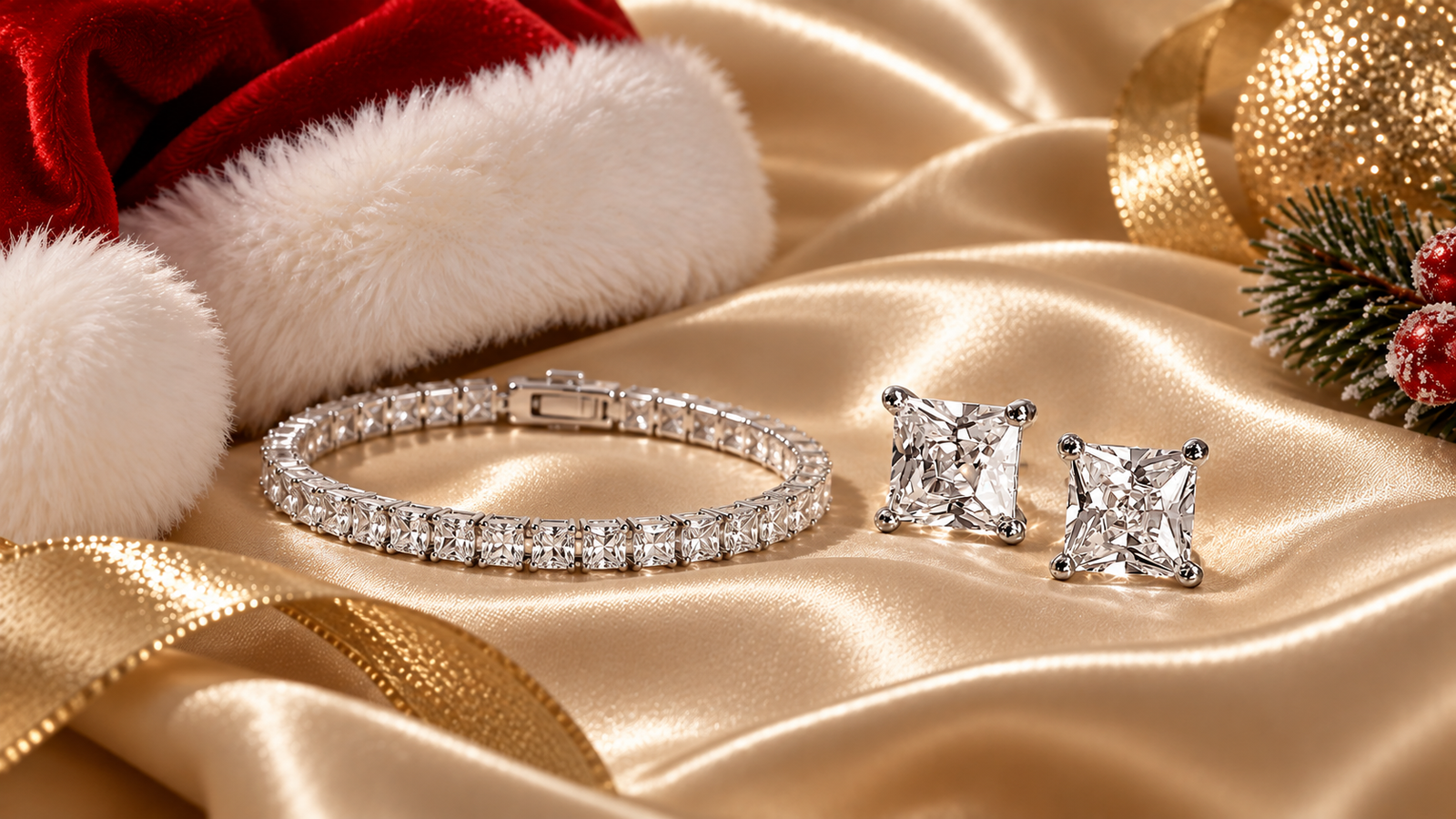 Tennis bracelet and diamond earrings presented as an elegant Christmas gift, showcasing affordable luxury jewelry.