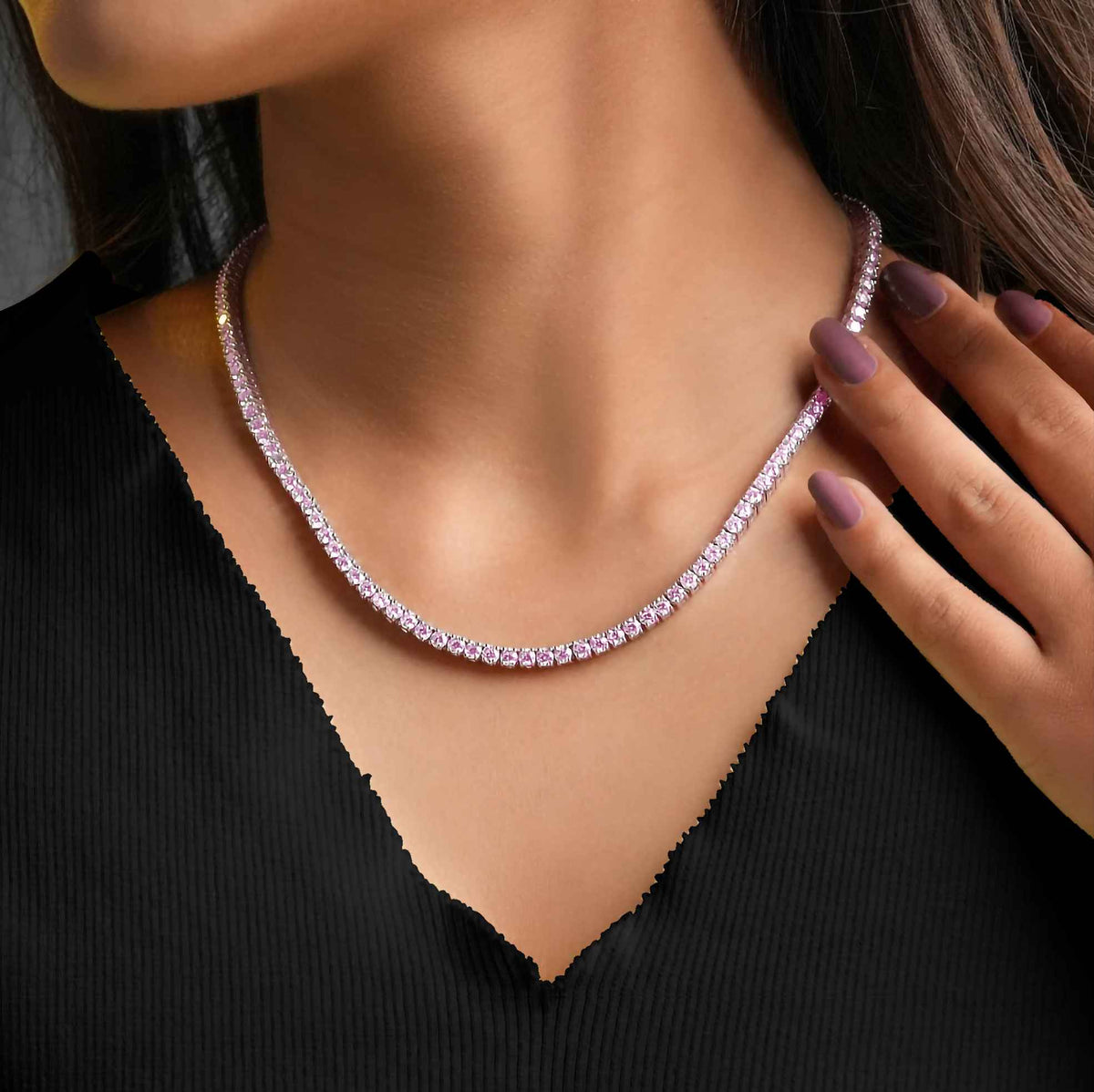 Diana Pink Diamond Tennis Necklace in 18K White Gold Vermeil 18 inch