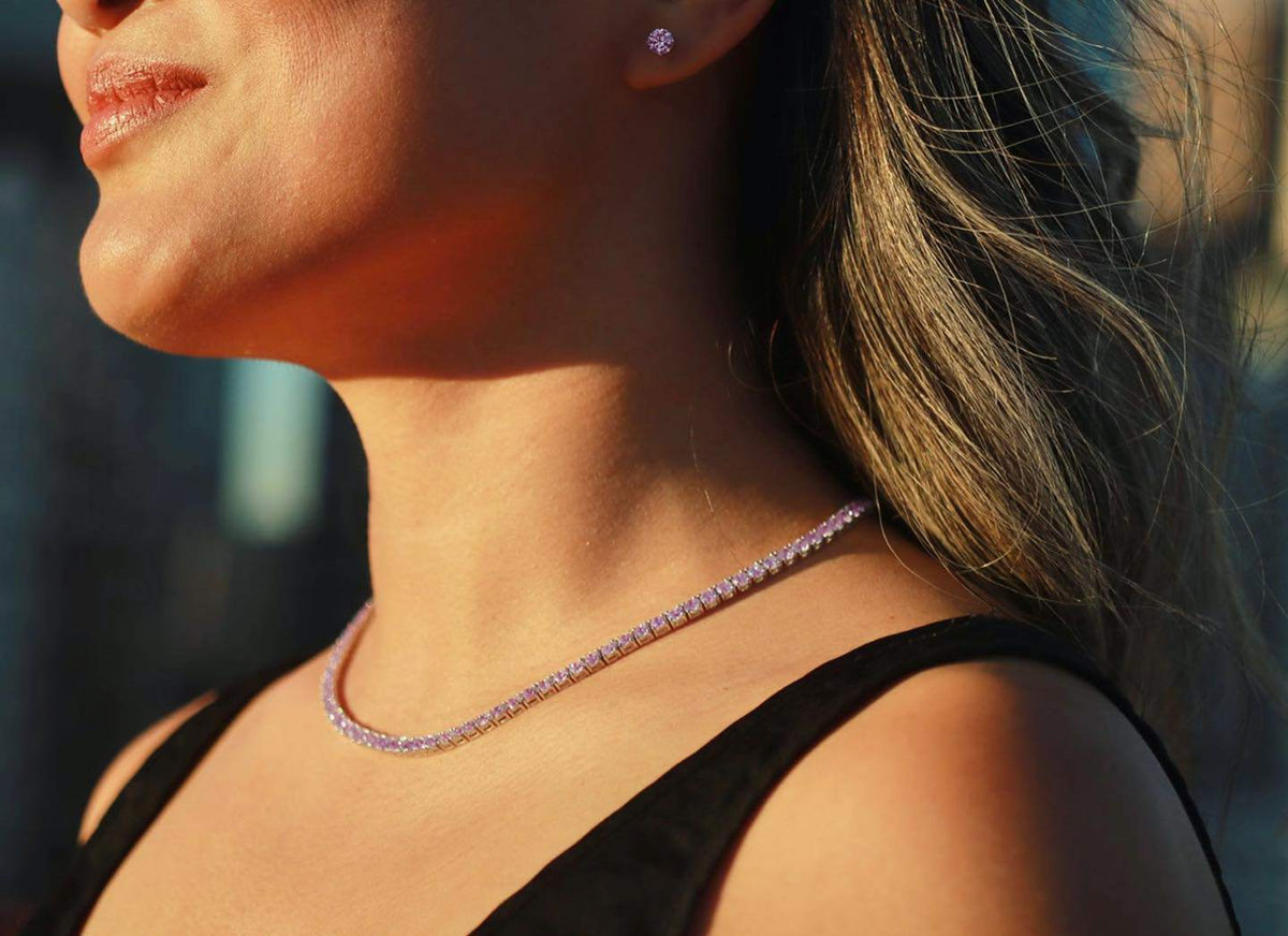 Diana Pink Diamond Tennis Necklace in 18k White Gold Vermeil